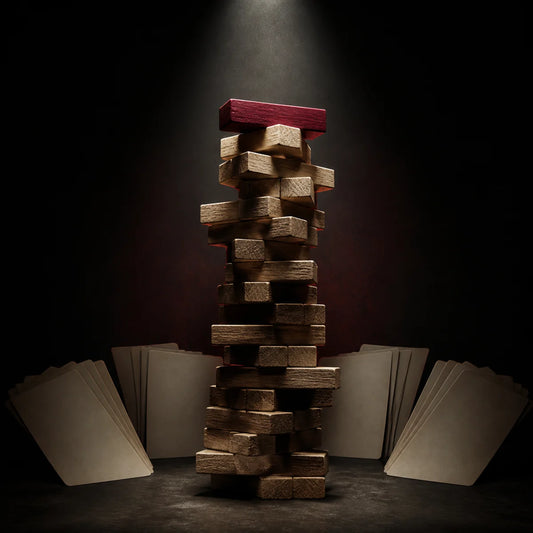 A precarious wooden block tower with a crimson top block and blank Dread character cards.
